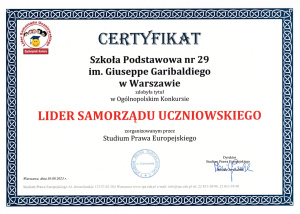 Certyfikat Lider samorządu uczniowskiego XXXVI edycja.