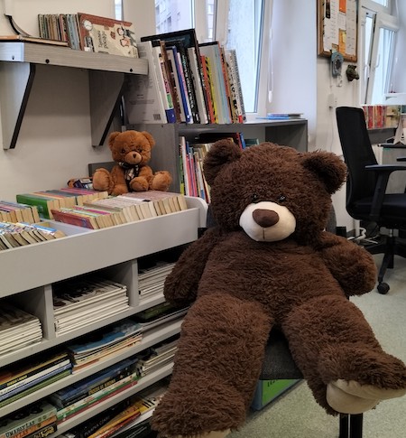 Główny gość, pluszowy niedźwiedź brunatny siedzi obok półki z książkami. 