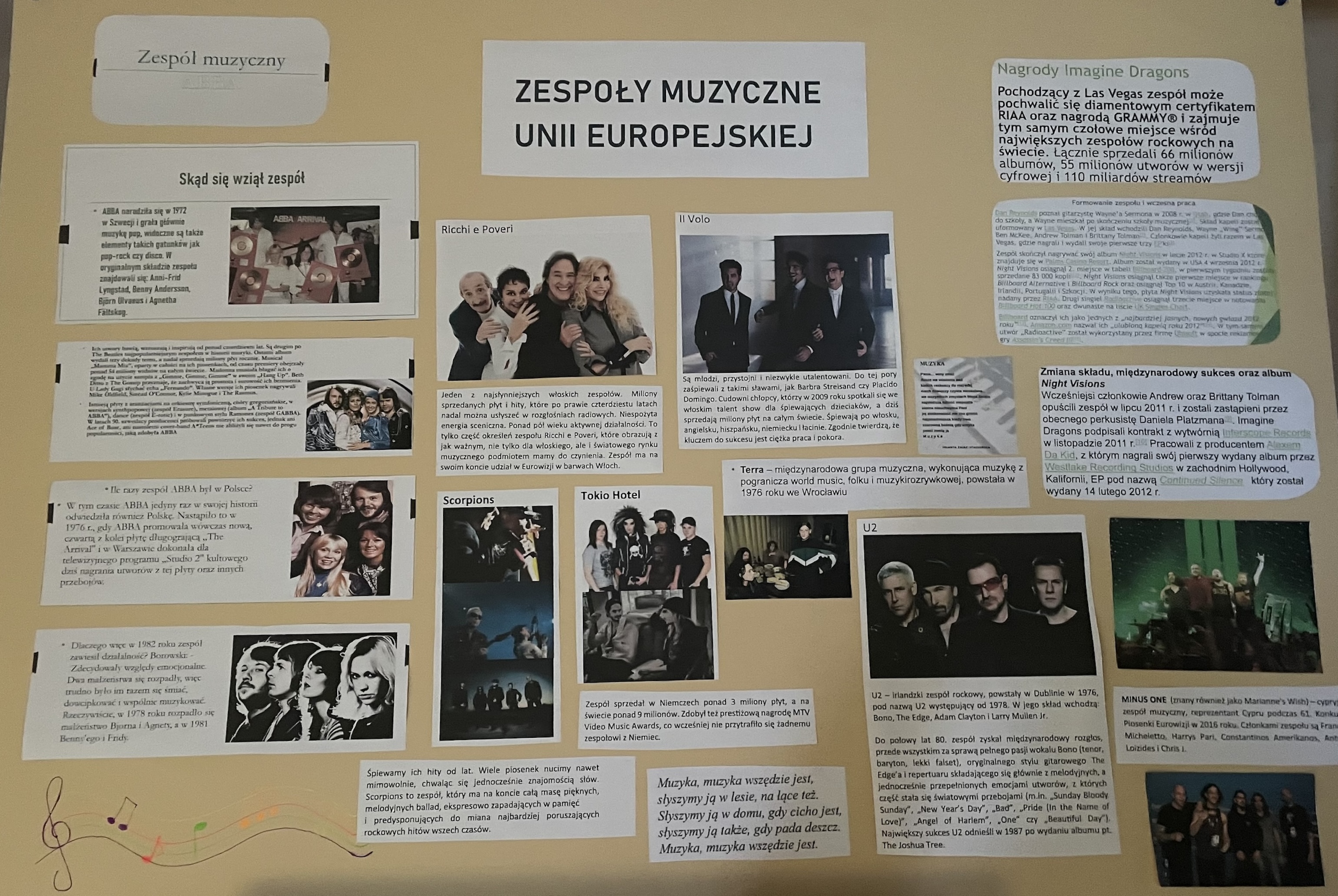 Plansza z informacjami o popularnych zespołach muzycznych.