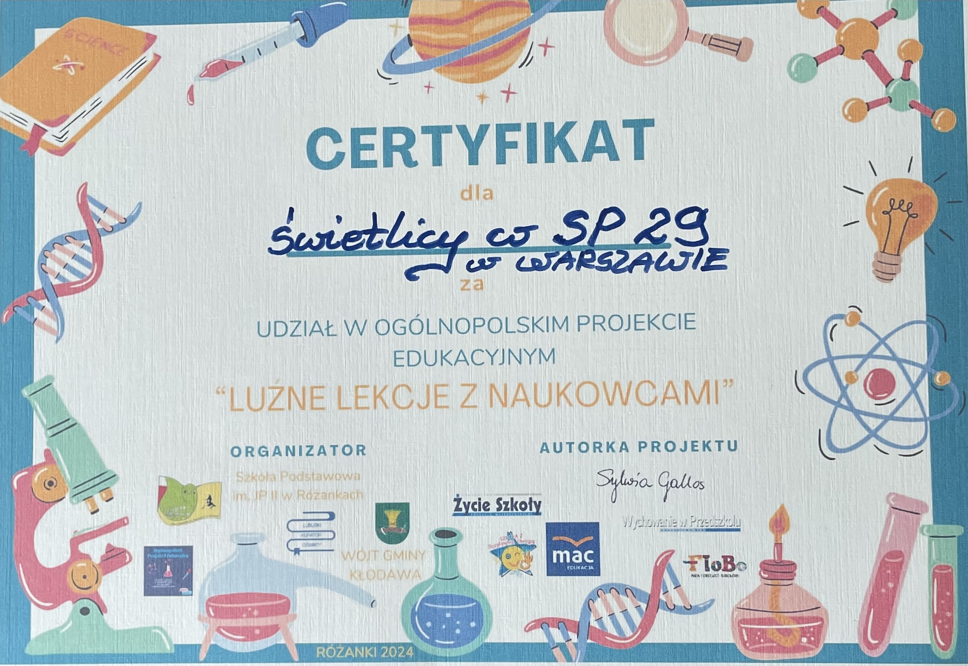 Certyfikat -"Luźne lekcje z naukowcami"