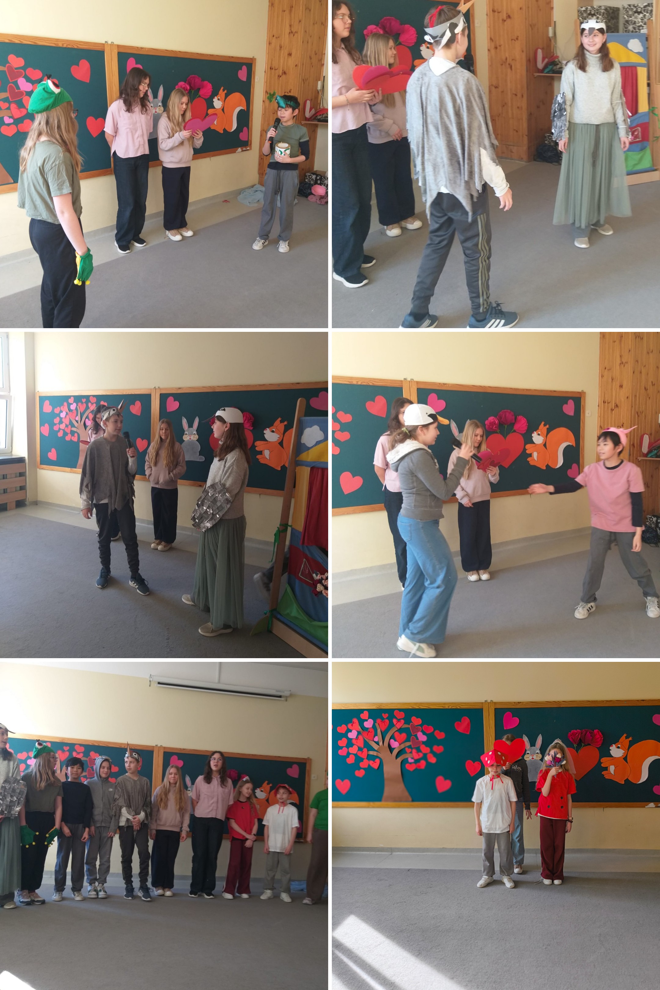 Na kolażu widać grupę dzieci uczestniczących w przedstawieniu walentynkowym.