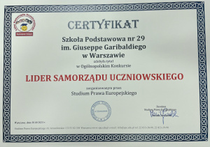 Certyfikat Lider samorządu uczniowskiego XXXVI edycja.