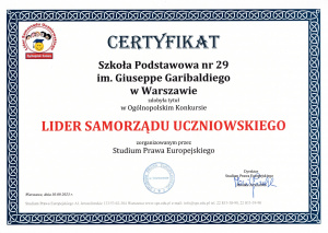 Certyfikat Lider samorządu uczniowskiego XXXVI edycja.