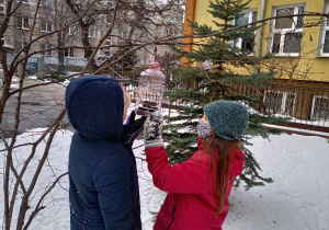 Dwie dziewczynki zawieszają karmnik na gałęzi.