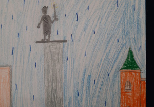 Plac Zamkowy w strugach deszczu, na kolumnie król Zygmunt rozcinający szablą chmury.
