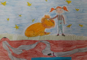 Ilustracja przysłowia "Łagodnością i lwa można ugłaskać." Dziewczynka głaszcze uniesioną głowę pokornie leżącego przed nią lwa. Autorka: Julianna Guzowska kl.3c