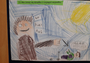 Ilustracja przysłowia "Nie śmiej się dziadku z czyjegoś wypadku. " Starszych chłopiec wskazuje palcem leżące przy hulajnodze dziecko i śmieje się z niego. Autor: Mikołaj Wojciechowski kl. 1a