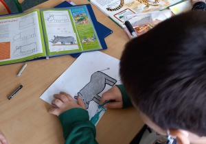 Zdjęcie przedstawiające chłopca rysującego nosorożca.