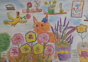Weranda pełna doniczek z barwnymi kwiatami. Między nimi stoi kotek z kwiatem w uchu. W jego kierunku leci ptak z różą w dziobie. Autorka: Ala Kiziniewicz kl. 3c.