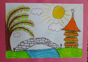 Rysunek kredką Solomii Khadzki z kl. 3b. Po prawej stronie wieża w stylu chińskim z charakterystycznym kaskadowym dachem, po lewej zielone drzewo obsypane różowym kwieciem. Pośrodku rzeka, po obu stronach trawa. Nad rzeką rozpięty kamienny most. W górze słońce rzucające długie promienie.