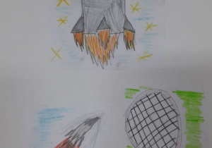 Siódma strona. Na stronie widać trzy ilustracje różnych rakiet: rakiety kosmicznej, działa bojowego, rakiety tenisisty.