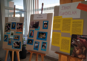 Na zdjęciu znajdują się trzy plansze będące częścią wystawy „Aleja Przyjaciół”. Na dwóch planszach umieszczone są zdjęcia uczniów z ich pupilami. Na planszy z prawej strony znajdują się ogólne informacje o psach.