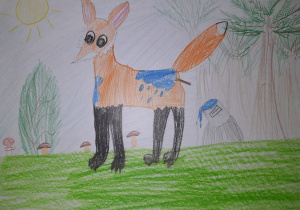 Autorka ilustracji: Gosia Jaroszewicz, kl. 3b. Na polanie stoi lis w niebieskie plamy, które maluje na nim unoszący się w powietrzu pędzel. Za zwierzęciem po prawej stronie słoik z farbą.