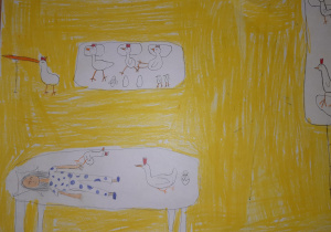 Praca Hani Brylskiej, kl. 3b. Ilustracja powiedzenia "chodzić spać z kurami". Dziewczynka śpiąca na łóżku w otoczeniu drobiu.
