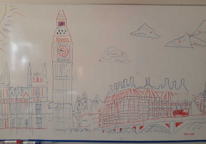 Londyn. Rysunek wykonany na białym tle kolorowymi flamastrami. Pośrodku znajduje się Big Ben. Po lewej i stronie wieży zegarowej znajdują się niższe budynki.
