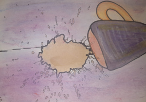 Praca autorstwa Hani Borkowskiej z klasy 2a, obrazuje przewróconą filiżankę i plamę herbaty na obrusie.
