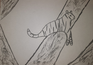 Rysynek tygrysa wylegującego się na drzewie.
