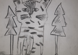 Rysunek tygrysa stojącego między drzewami.