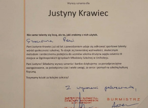 Dyplom uznania dla p. Justyny Krawiec.