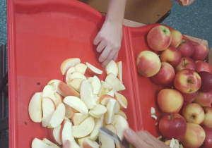 Dzieci częstują się pokrojonymi na cząstki jabłkami.