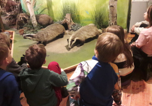 Dzieci oglądają modele zwierząt.