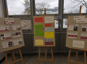 Korytarz szkolny. W tle okna. 3 stojaki z tablicami zawierającymi ciekawostki o języku polskim.