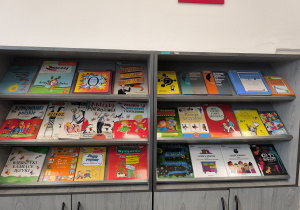 Regał z książkami o tematyce językowej - słowniki, poradniki, wybory wierszy.