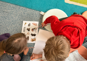 Dzieci siedzą na dywanie i oglądają rasy kotów i psów.