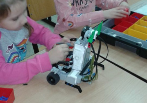 Uczennice konstruuje robota.